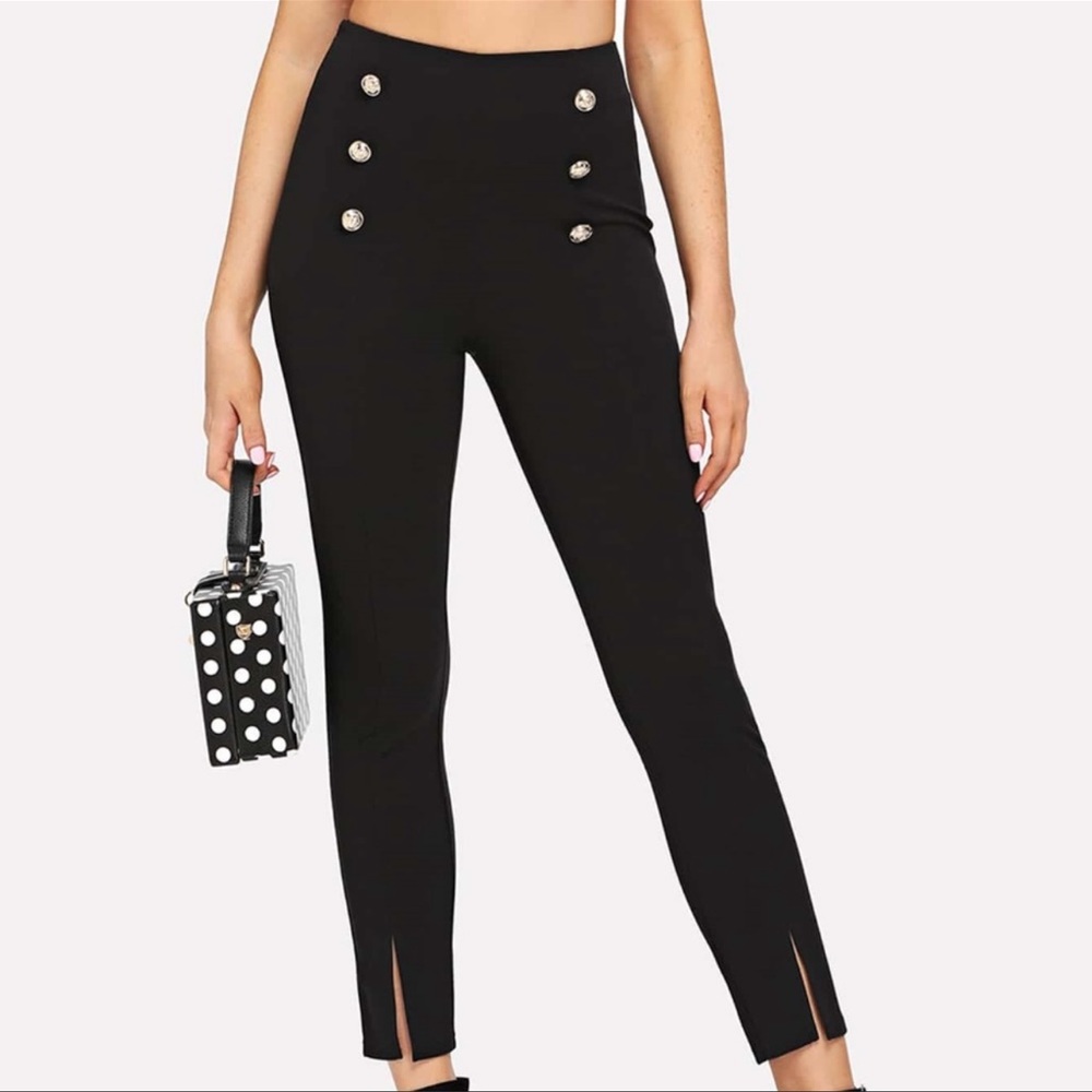 Black high-waisted sailor pants with gold buttons